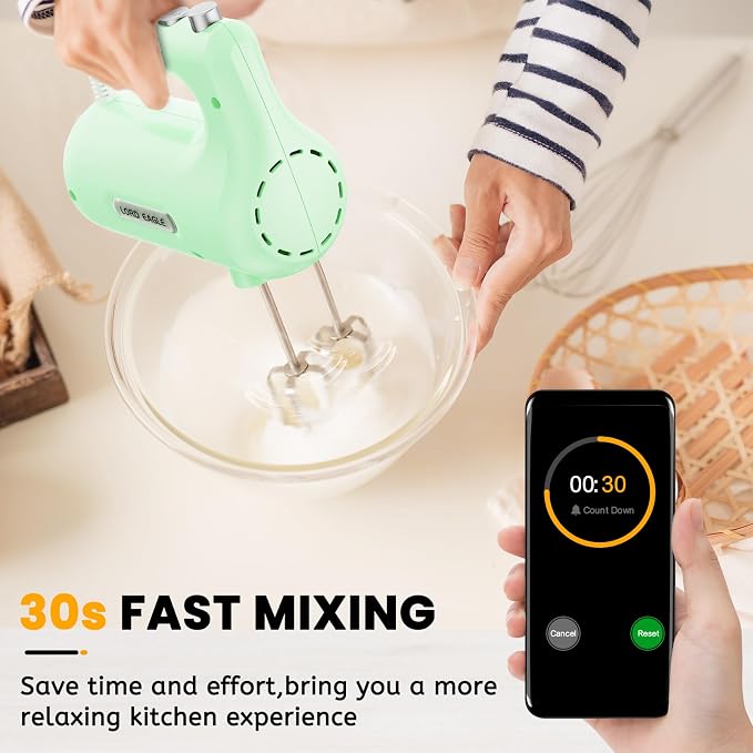 Lord Eagle 5-Speed Hand Mixer Electric, 300W Compact Handheld Mixer, Portable Kitchen Egg Beater with 5 Attachments & Storage Bag, Cake Supplies for Bread Dough Baking, Lightweight, Green