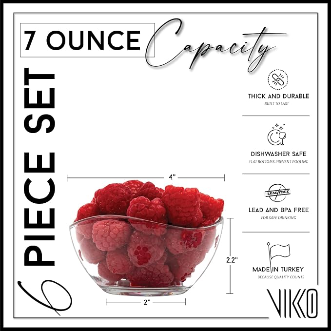 Vikko Dessert Bowls - Set of 6 Small Glass Bowls, 7 Ounce Ice Cream Bowl, Microwave & Dishwasher Safe