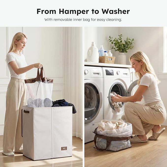SOLEDI Luxury Double Laundry Hamper with Lid and Removable Bags, 38.3 Gal Large Laundry Bin, Laundry Basket 2 Sections, Collapsible Clothes Hamper for Bedroom, Laundry Room, Bathroom, Off-white