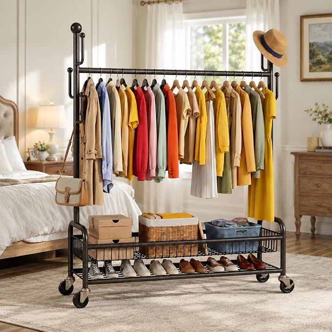 Rolling Clothes Drying Rack with Lockable Wheels, Heavy Duty Metal Laundry Drying Rack with 5 Hooks and 2-Tier Drying Shelves, Drying Rack Clothing for Indoor and Outdoor Use