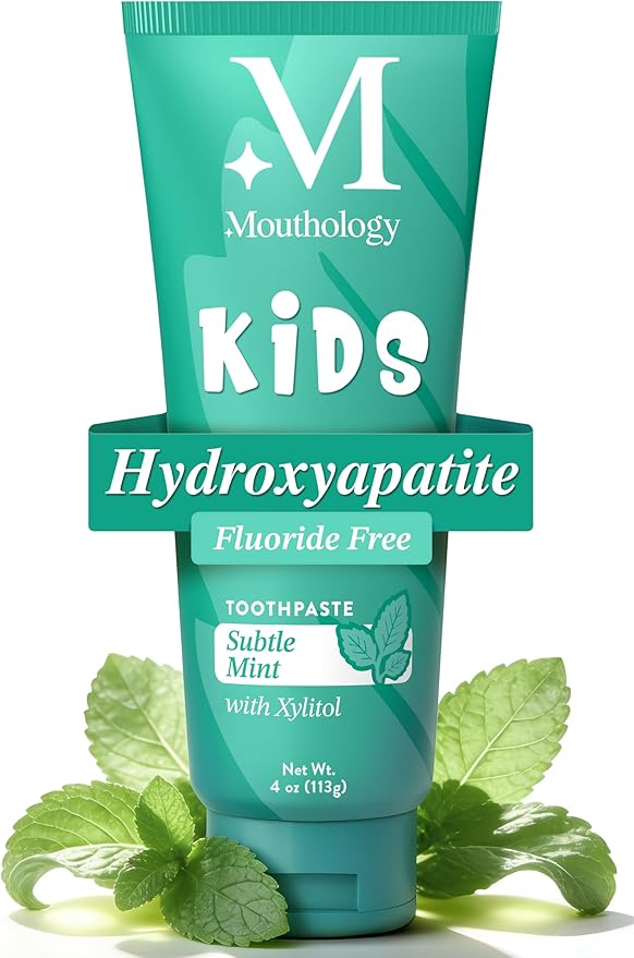 Mouthology Hydroxyapatite Kids Toothpaste Fluoride Free with Xylitol, Non Toxic Fluoride Free Toothpaste for Kids, All Ages (1-3), (3-6) & (6-12) Subtle Mint, 4oz