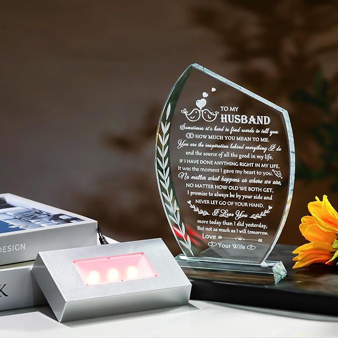 Best Birthday Gifts for Husband from Wife Unique Glass Plaque, Wedding Anniversary Meaningful Present To My Husband with Colorful Led Base for Christmas Valentines Fathers Day