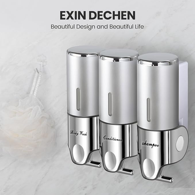 EXIN DECHEN Shampoo and Conditioner Dispenser(Triple x 16.9 oz,Silver) | Easy Installation,Wall-Mounted,Bottle Separable,Large Capacity,Shower Shampoo Conditioner Body Wash Dispenser for Bathroom