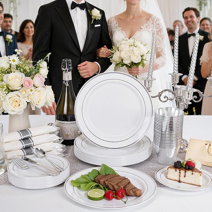 WDF Partyware 175PCS Sliver Plastic Plates - Silver Plates Disposable - White Plate with Silver Trim 25Guests Plastic Dinnerware Sets with Rolled Napkins for Wedding Baby Shower Spring Birthday