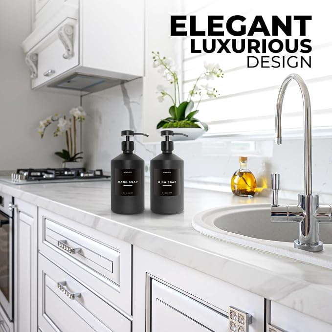 Luxury Glass Soap Dispenser Set of 2 - Elegant Black Glass Bottles with Matte Black Pumps, Ideal for Kitchen and Bathroom for Hand and Dish Soaps
