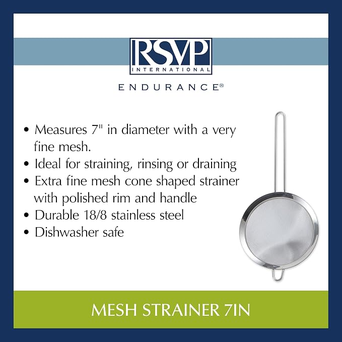 RSVP International Endurance Kitchen Collection, Stainless Steel Fine Mesh Conical Sieve/Colander, Multi-Purpose for Cooking, Baking, Loose Leaf Tea, Bar Strainer Cocktails, 7-Inch