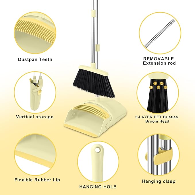 BSKLIN Broom and Dustpan Set for Home, 52" Long Handle Broom Set with Dustpan Teeth to Clean Hair Sweeping Indoor and Outdoor (Yellow)