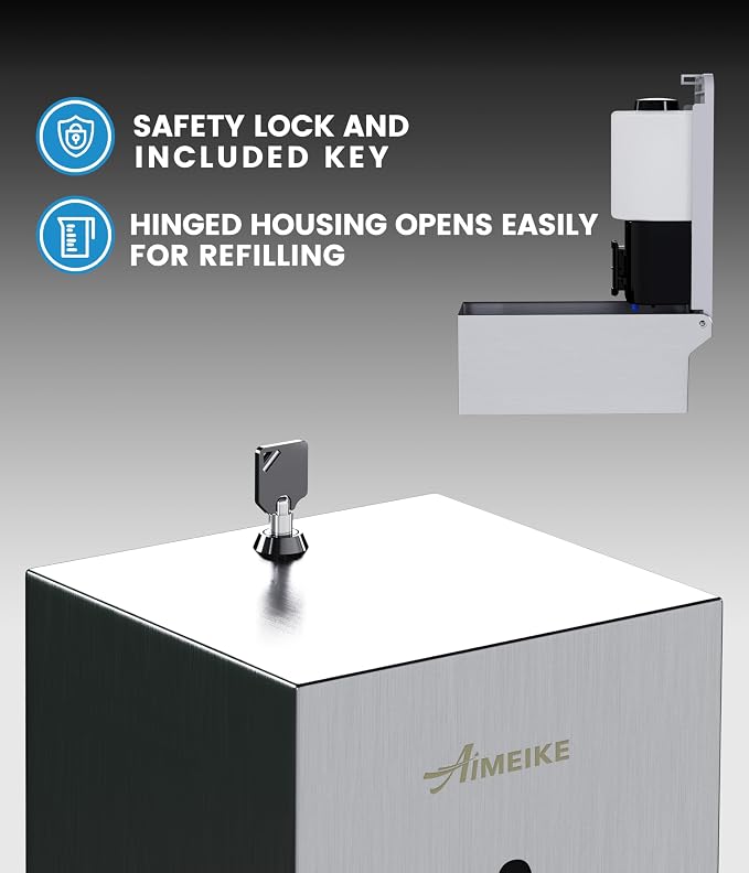 Commercial Automatic Wall-Mount Soap Dispenser, Stainless Steel | Touchless 800 mL commercial dispenser with stainless steel exterior, vertical window, keyed lock and 6 AA battery power.