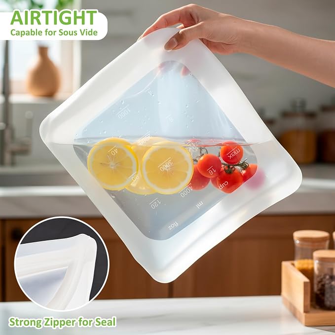 100% Silicone Gallon Storage Bags, Extra Large Reusable 1 Gallon Silicone Storage Bags Stand-Up Zip-Lock Leakproof for Bulk Food & Large Portions, Freezer Microwave Sous Vide Dishwasher Safe, 2 Pack