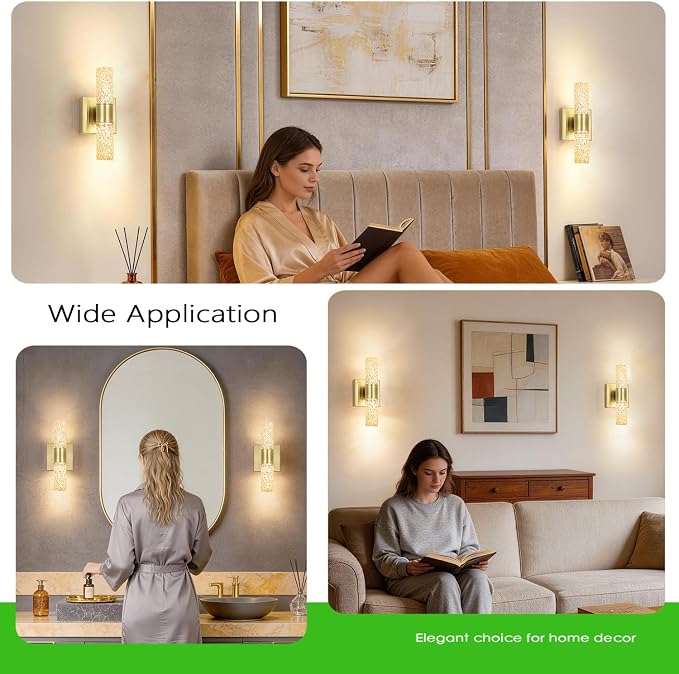 2 Pack Gold LED Wall Sconces, 10W 3000K Warm White Hardwired Wall Mounted Light Fixtures with Amber Crystal Glass, Modern Bathroom Vanity Lights for Mirror Living Room Bedroom Hallway