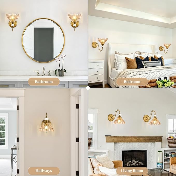 1 Piece Vintage Wall Sconce, 1-Light Brushed Gold Finish Wall Sconce with Hanging Crystal Accents and Flower-Shaped Amber Shades for Bathroom Bedroom Living Room,Vintage Vanity Light