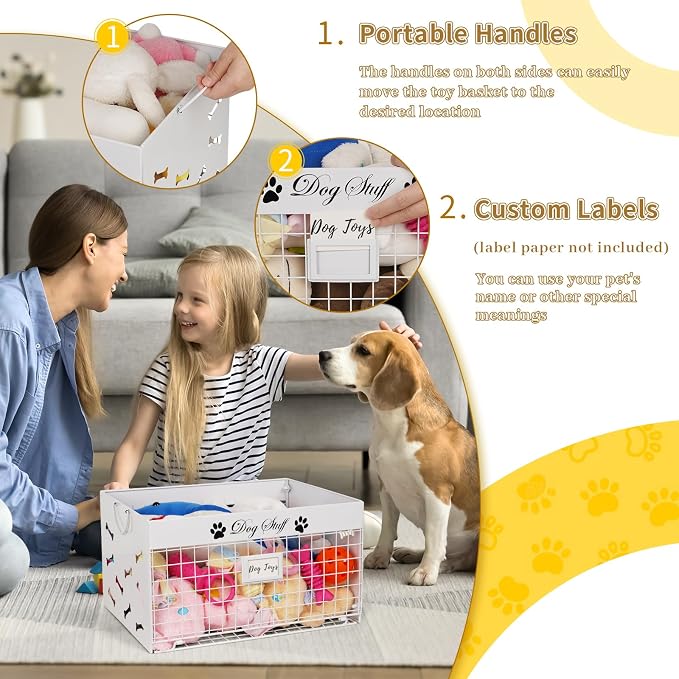 Bfttlity Dog Toy Basket - Large Dog Toy Box with Handles and Label Position Design for Living Room, Metal Dog Toy Bin Storage for Dogs Chew Pets Toys, Blankets, Clothes, Food (White)