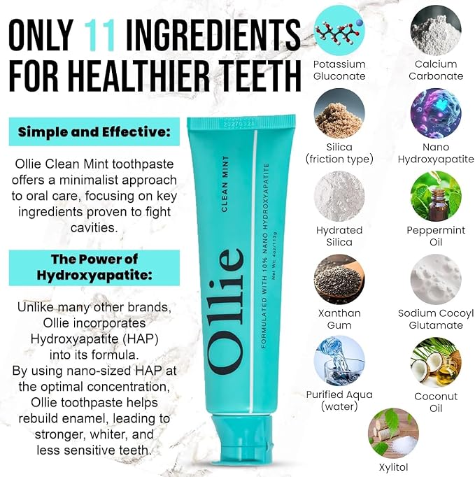 Ollie Fluoride Free 10% Nano Hydroxyapatite Toothpaste, Clean Mint, 4oz | Rod-Shaped Nano HAP, Remineralizes Enamel, Reduces Sensitivity, Reverses Small Cavities, Naturally Whitens Teeth, (Pack of 3)