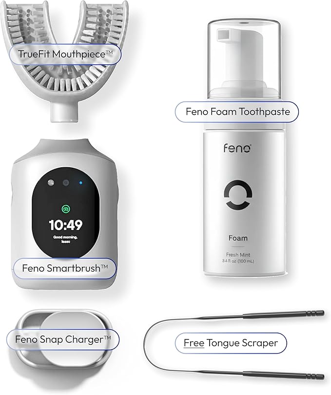 Feno Smartbrush Electric Toothbrush for Adults – AI-Powered Oscillating Toothbrush with App and Personalized Mouthpiece, 20-Second Deep Clean, Rechargeable, Includes 1 Bottle of Feno Foam Toothpaste