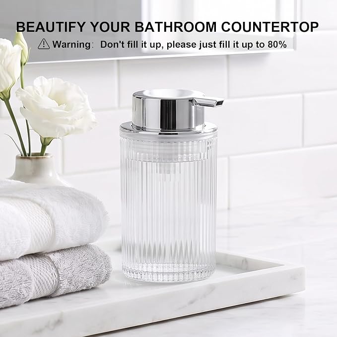 KASUNTING Foaming Soap Dispenser, 11 Fl Oz Clear Glass Foam Hand Soap Dispenser for Bathroom & Kitchen, Refillable Foaming Bottle with Sliver Pump, Modern Ribbed Dish Soap Foam Dispenser