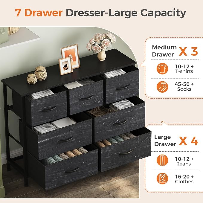 Sweetcrispy 7 Drawer Dresser, Fabric Storage Tower Organizer for Bedroom, Closet, Hallway, Entryway, Tall Chest of Drawers with Steel Frame, Wood Top, Large Storage, Black Wood Grain