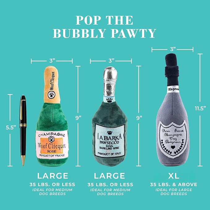 Haute Diggity Dog Pop The Bubbly Pawty Bundle, Plush Dog Toys for Small, Medium & Large Dogs, 3-Pack Durable Stuffed Champagne-Inspired Pet Toys with Interactive Squeaker, Machine-Washable & Safe