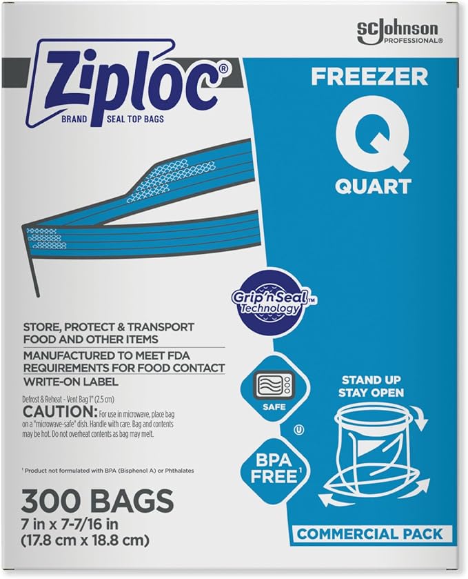 SC Johnson Professional Ziploc Quart Food Storage Freezer Bags, Grip 'n Seal Technology for Easier Grip, Open, and Close, 300 Count