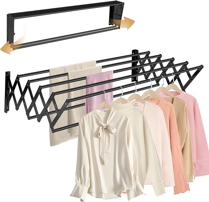 XL-31.5" Wall Clothes Drying Rack, Retractable Mounted Rack Black | 7 stainless rods, staggered for faster drying. Rustproof. Expands to 25.6"D. Folds flat for storage. Mounting hardware.