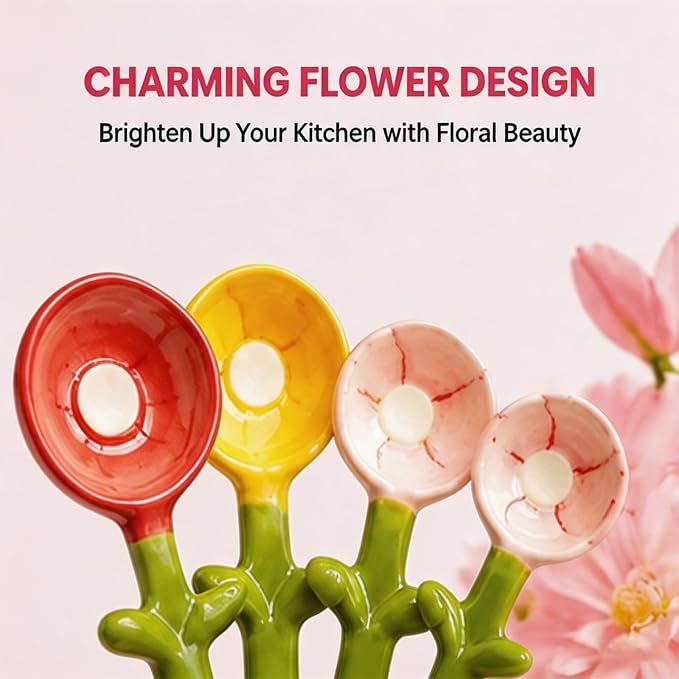 Ceramic Flower Measuring Spoons Set with Flowerpot Base, 2026 Decorative Cute Measuring Cups and Spoons Set with Holder for Dry and Wet Ingredients (Blue)
