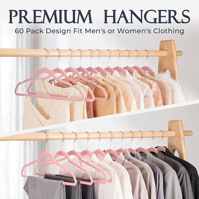 HOUSE DAY Pink Velvet Hangers 120 Pack, Premium Clothes Hangers Non-Slip Felt Hangers, Sturdy Black Hangers Heavy Duty Coat Hangers, Durable Suit Hangers, Space Saving No Hanger Mark Rotating Hook