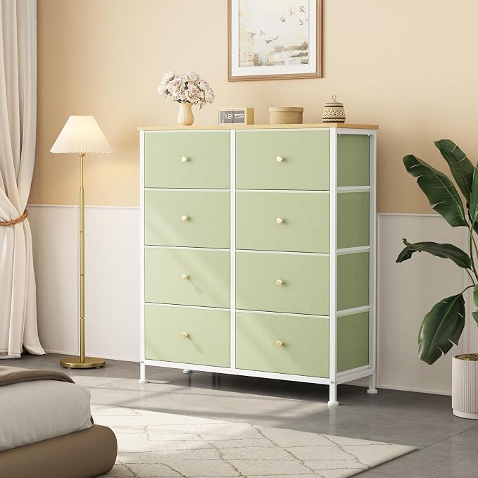 OLIXIS 8 Drawer Storage Dresser with Wood Top - Wide Fabric Chest Organizer for Bedroom, Closet, Living Room,Tower Cabinet, TV Stand, Hallway Entryway Furniture, Light Green