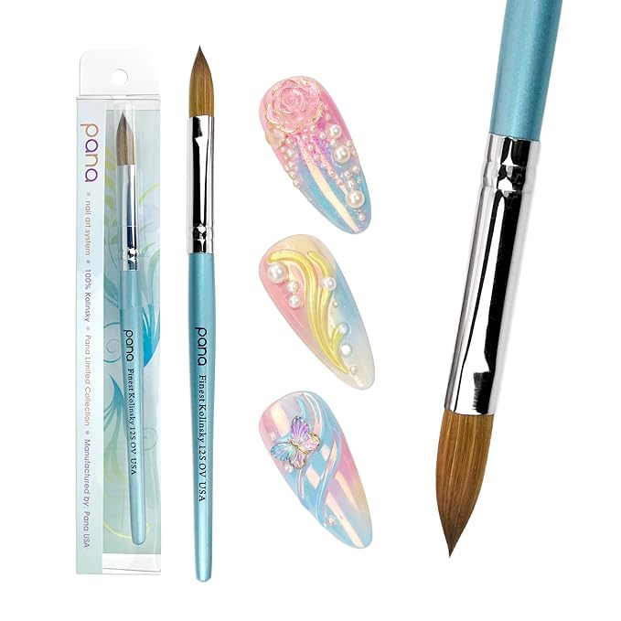 PANA Pure Kolinsky Hair Acrylic Nail Brush - Oval Crimped Teal Wood Handle (Size 12)