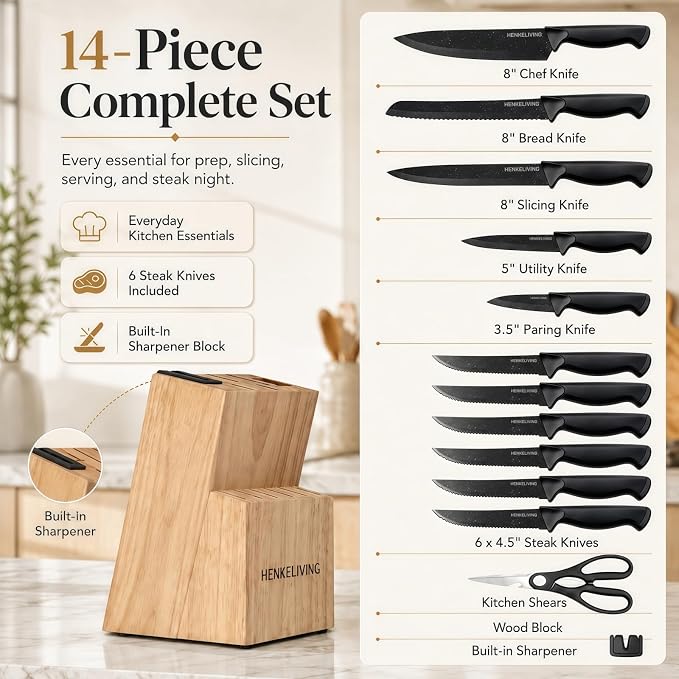 14-Piece Starry Black Knife Block Set with Built-In Sharpener | German high-carbon stainless steel blades, dishwasher safe, ultra-sharp edges, ergonomic non-slip handles