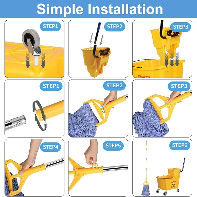 Side Press Wringer Combo Commercial Mop Bucket on Wheels, Including 1 Set Commercial Mop Handle with 1 Pack Blue Mop Heads, 35 Quart, Yellow Bucket
