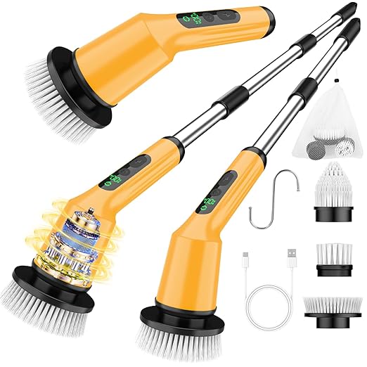 Electric Spin Scrubber for Cleaning Bathroom, Shower Scrubber Cordless Cleaning Brush with IPX7 Waterproof & 2 Speed, 3 Brush Heads, Bathroom Cleaning Supplies for Shower Tub Yellow