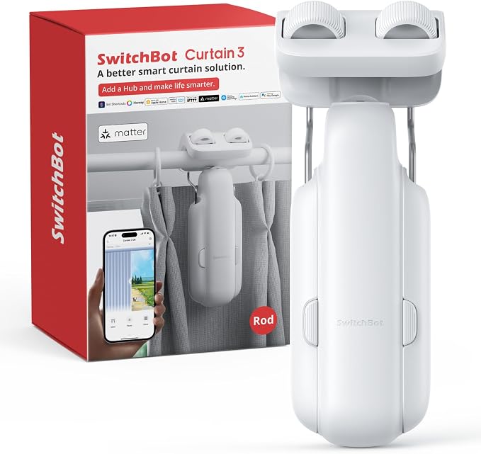 SwitchBot 2025 Automatic Curtain Opener 3 Rod-Bluetooth Remote Control, WiFi&APP Control, Upgraded High-Performance, Add Hub to Work with Alexa, Google Home, HomeKit via Matter