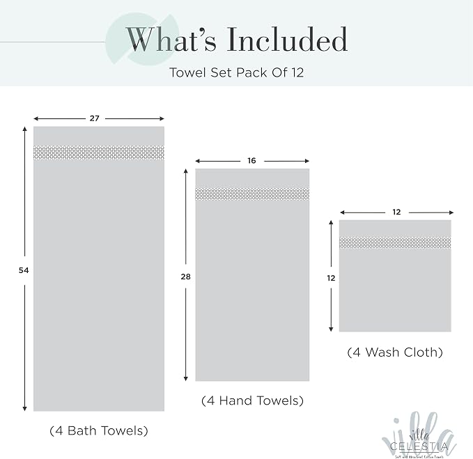 Villa Celestia 12-Piece 100% Cotton Towel Set, 4 Bath Towels, 4 Hand Towels, 4 Wash Cloth, Quick-Dry, Teal