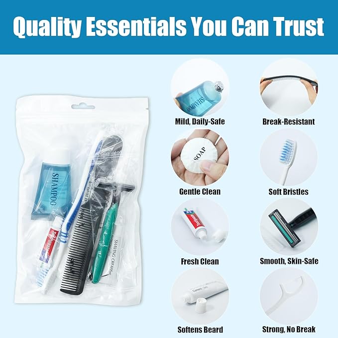 10 Pack Travel Hygiene Kits, 8-in-1 Personal Toiletry Kit -Toothbrush, Toothpaste, Comb, Flossers, Shampoo, Soap, Razor & Shaving Cream, Individually Packed for Travel, Guest Rooms,Vacation Rentals
