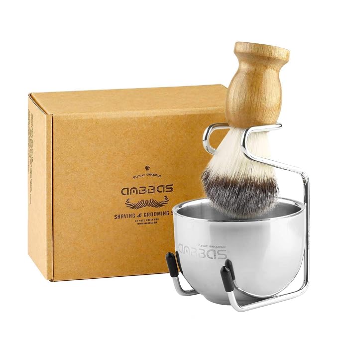 Anbbas 3IN1 Shaving Brush Set, with Synthetic Badger Hair Wood Handle,Stainless Steel Stand and Bowl,Perfect for Men Traditional Wet Shave