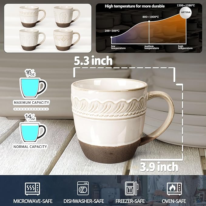 Artena Ceramic Coffee Mugs Set of 4, 16oz Embossed Large Latte Mugs Coffee Cups with Handle for Tea, Latte, Cappuccino & Cocoa, Milk Dishwasher & Microwave Safe, White (Willow Leaf)