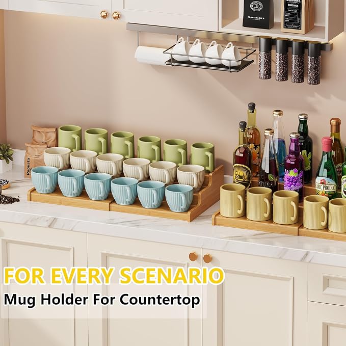 Hongtamoya 3-Tier Expandable Bamboo Mug Holder For Countertop Coffee Cup Holder Display Mug Organizer Mug Rack for Coffee Bar Organizer Mug Shelf for Cabinet for Kitchen, Home