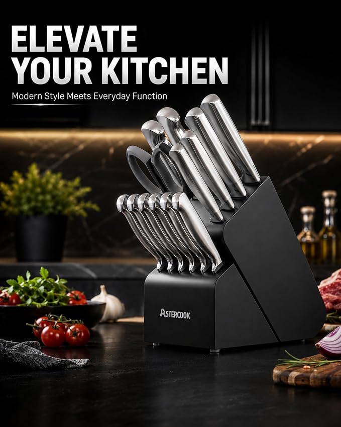 Astercook Knife Set, 15 Piece German Steel Kitchen Knife Set with Built-in Sharpener, One-Piece Knife Block Set Rust-Resistant Dishwasher Safe Block Knives Set for Cooking & Gift (Midnight Black) | Wooden Block with Built-in Sharpener, One-Piece Design...