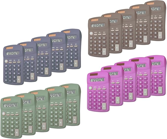 Calculator Small, 4 Function Calculators (E, Set of 20) | 8 Digit Dual Power Portable Pocket Size Desktop Handheld for Classroom Desktop Home