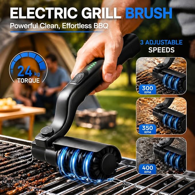 Electric Grill Cleaner, Rechargeable Cordless Grill Brush with 24kg High Torque, 3-Speed Cleaning, Adjustable Head & USB-C Charging for Outdoor BBQ, Camping, Patio Cooking and Grill Grates
