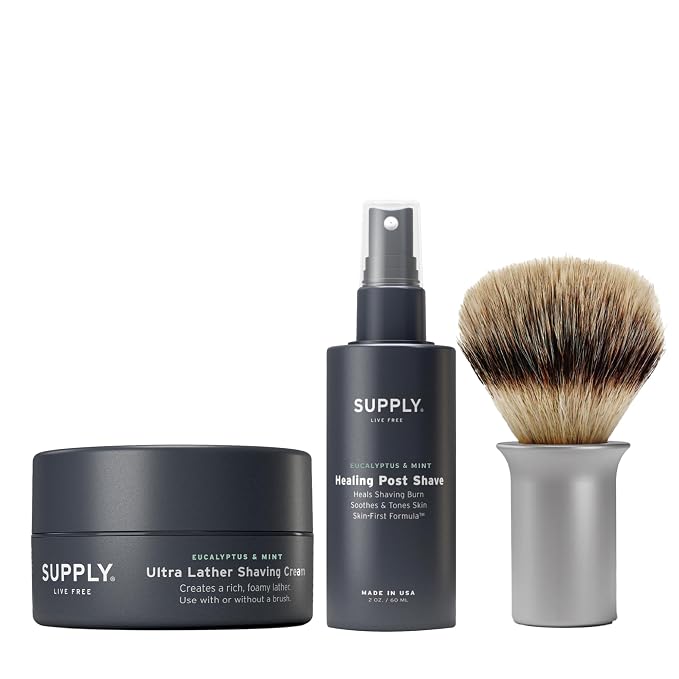 SUPPLY Men’s Shave Accessories Set – Ultra Lather Shaving Cream 3.4oz, Alcohol-Free Aftershave Spray 2 oz, and Synthetic Shaving Brush – Fragrance Free/Classic Matte