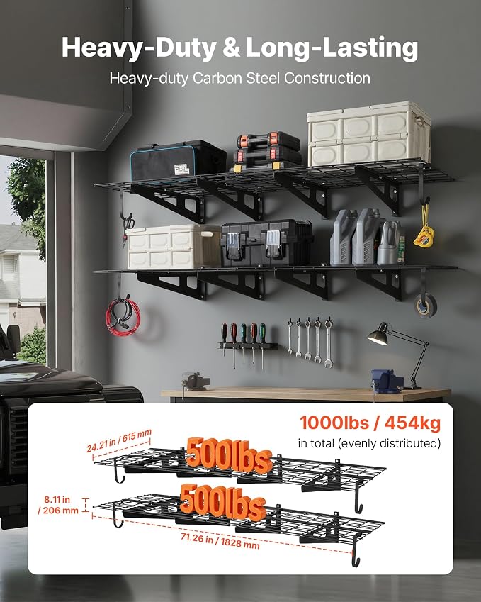 VEVOR 2-Pack Heavy Duty Garage Wall Shelving, 2 x 6 ft Steel Wall Mounted Shelving Unit with Hooks, 24 x 72 Inch Per Shelf Floating Storage Metal Rack, 1000 lbs Total Weight Capacity
