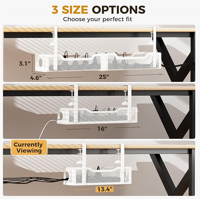 Under Desk Cable Management Tray White, Cinati Wire Organizers No Drill, Cable Tray with Clamp for Wire Management, Cord Organization Box for Office, Home - No Damage to Desk