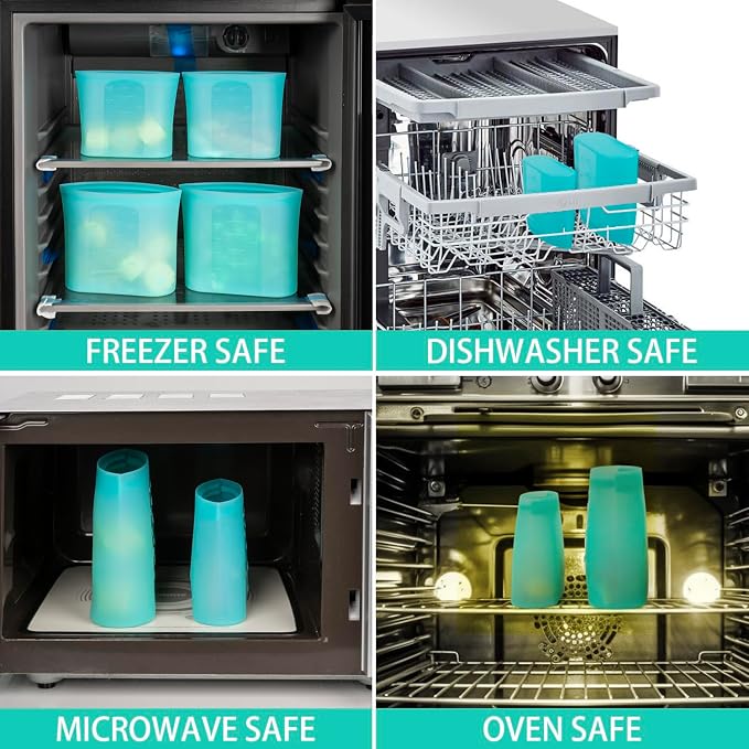 Reusable Sandwich & Snack Bags, 8 Pack 100% Silicone Food Storage Bags Stand Up Zip Lock for Food Container, Freezer Microwave Oven Dishwasher Safe, 4 Small 4 Extra Small, Aqua