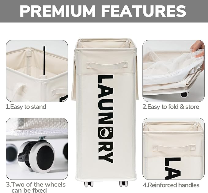 Goodpick Laundry Baskets with Wheels and Handle, 2-Pack 75L Collapsible Laundry Baskets, Clothes Laundry Basket with Removable Wash Bags for Corner Dorm, White Rolling Laundry Hamper