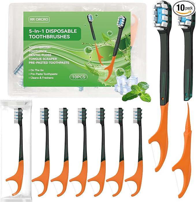 10Pack Disposable Toothbrushes with Toothpaste Pick Floss & Tongue Scraper | 5-in-1 Mini Prepasted Travel Toothbrush for Hotel Camping Flight Car Single Use Portable Individually Wrapped | Mint