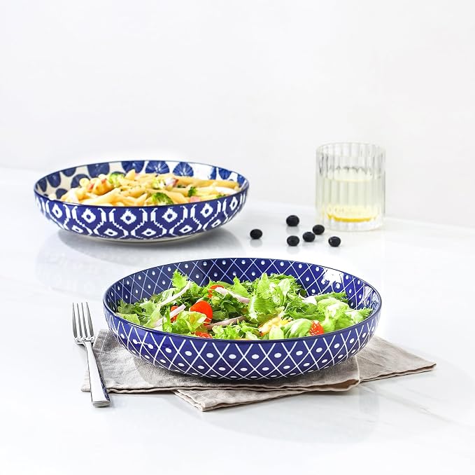 Selamica 9.6" Pasta Bowls Set of 4, 51 OZ Large Salad Bowls, Ceramic Wide and Shallow Serving Bowls for Soup, Dinner, Microwave & Dishwasher Safe, Vintage Blue