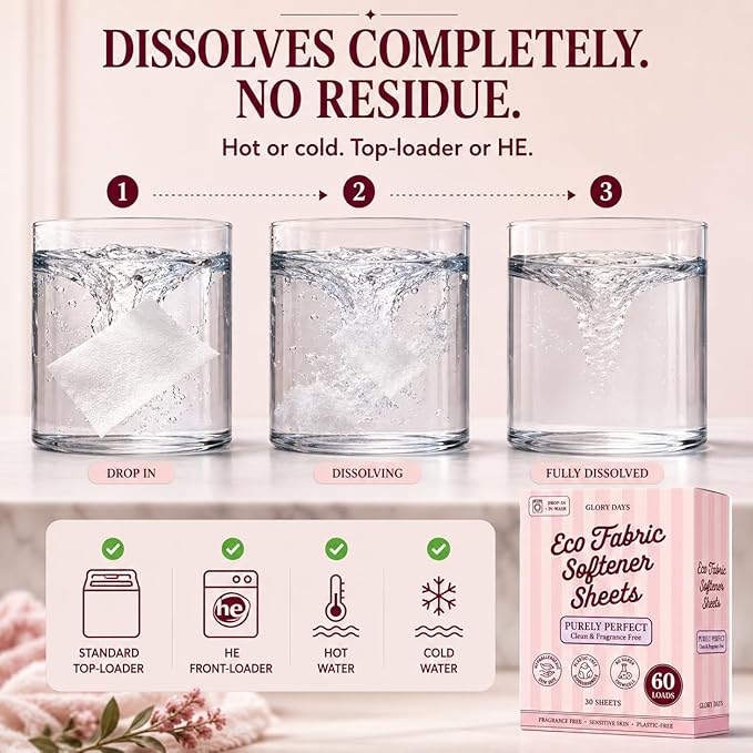 Glory Days Fabric Softener Sheets for Washer — Replaces Liquid Softener, Hypoallergenic, Fragrance Free, Sensitive Skin Safe, Plastic-Free, 60 Loads