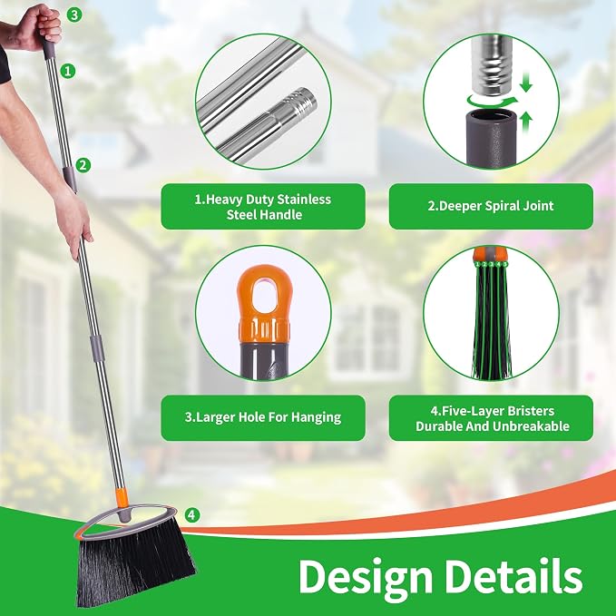 2 Pack Stiff Bristle Broom for Sweeping Indoor, Heavy Duty Broom with Collapsible Handle, Ideal for Indoor Outdoor Hardwood Floors Kitchen Salon Camping Cat Pets Hair Home Room Office, Gray