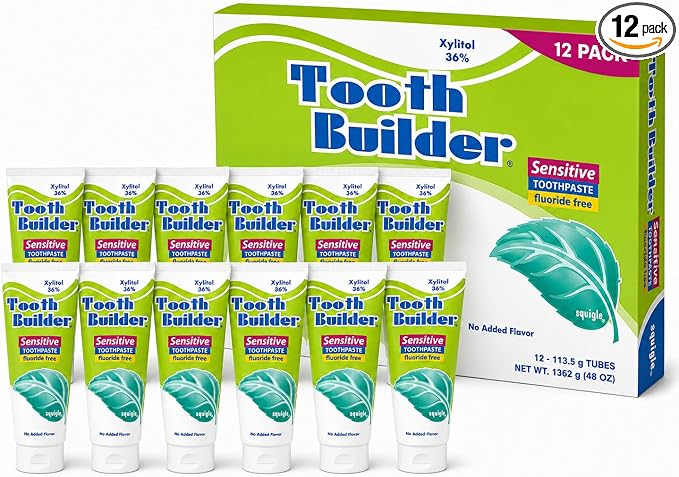 Squigle Tooth Builder Fluoride-Free Xylitol Sensitive Toothpaste 12-Pk | SLS-free for sensitive teeth and mouths that react to conventional toothpaste: a gentle, unflavored, low-foam formula