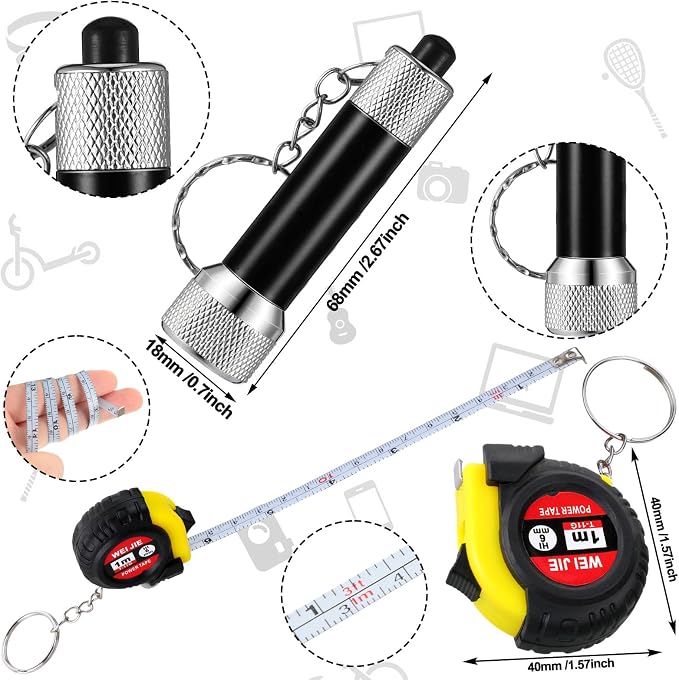 Jutom 18 Pcs Mini Tape Measure Keychain Screwdriver LED Light Keychain Bulk Men Adult Tool Party Gifts Prize for Man Father's Day Housewarming Gifts Adult Useful Tool Favors (Black)